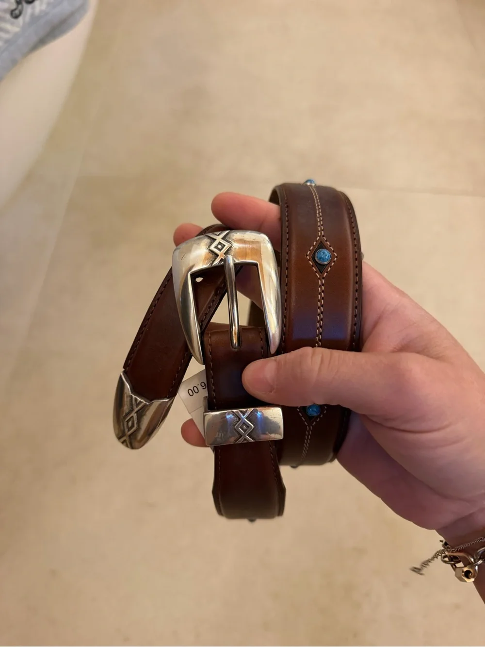 Brown Leather Belt with Silver Buckle & Turquoise Accents